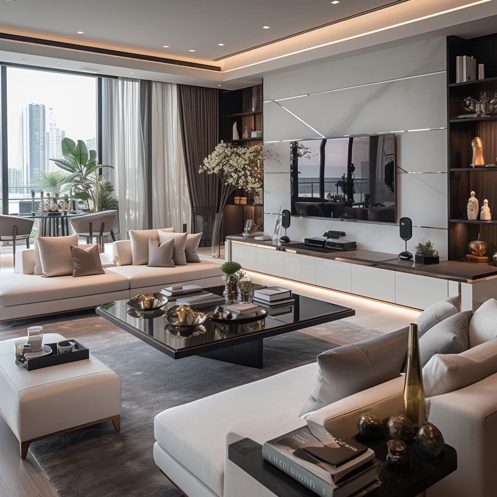 an inviting l shaped sofa anchors this penthouses spacious living room layout.